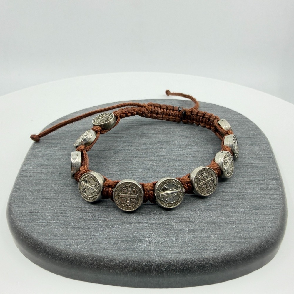 Saint Benedict Medal Cord Bracelet Brown Adjustable Religious Y2K Jewelry Gift